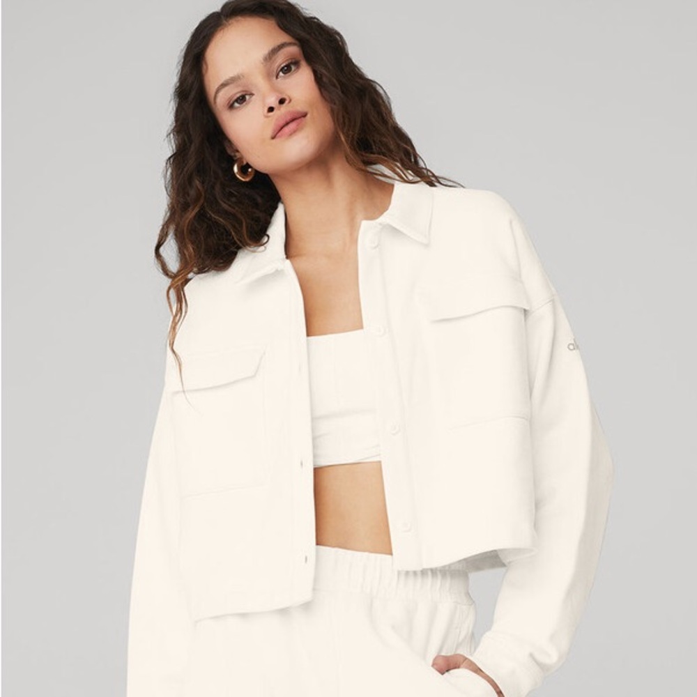 Alo Yoga Renown Cropped Button-Up Pullover Top in Ivory White